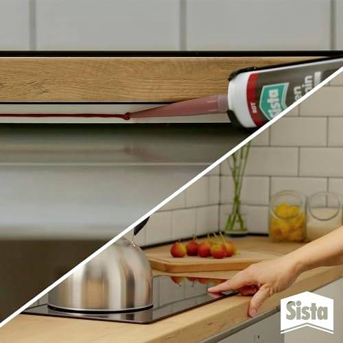 'Applying silicone sealant to a kitchen countertop edge for sealing. The Sista brand logo is visible in the bottom right corner.'