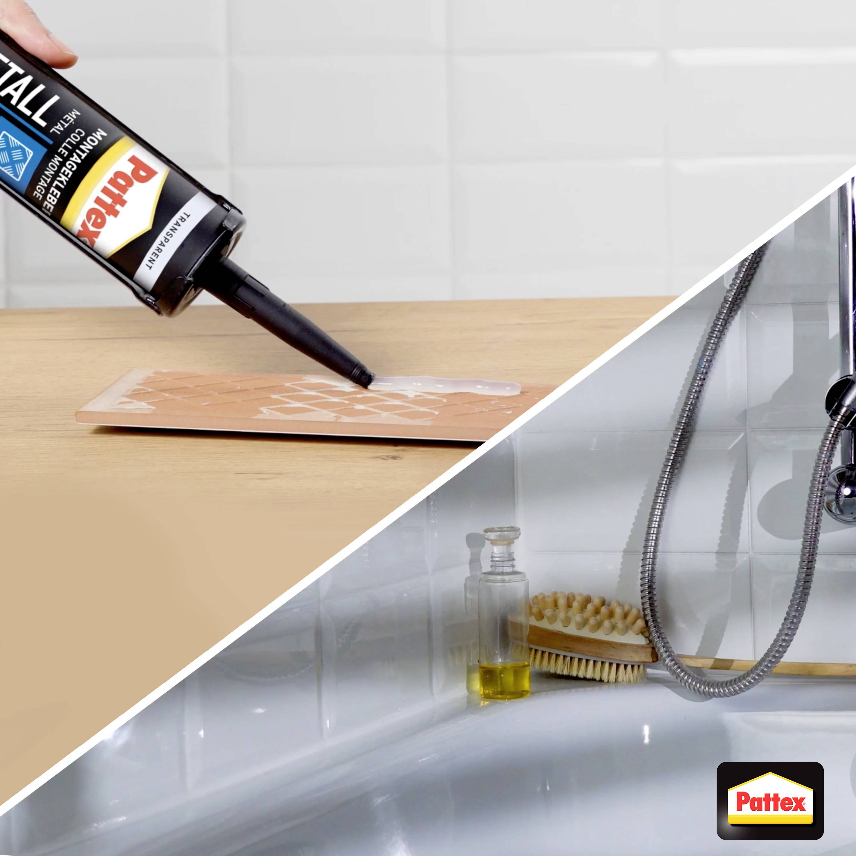 'Pattex sealant is applied to a board. Bathroom accessories can be seen in the background.'