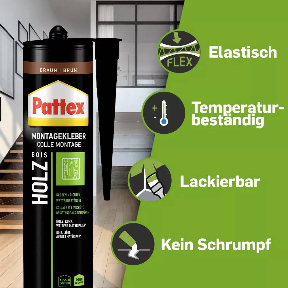 An image of a Pattex mounting adhesive for wood. Contains text: 'Flexible', 'Temperature Resistant', 'Paintable', 'No Shrinkage'