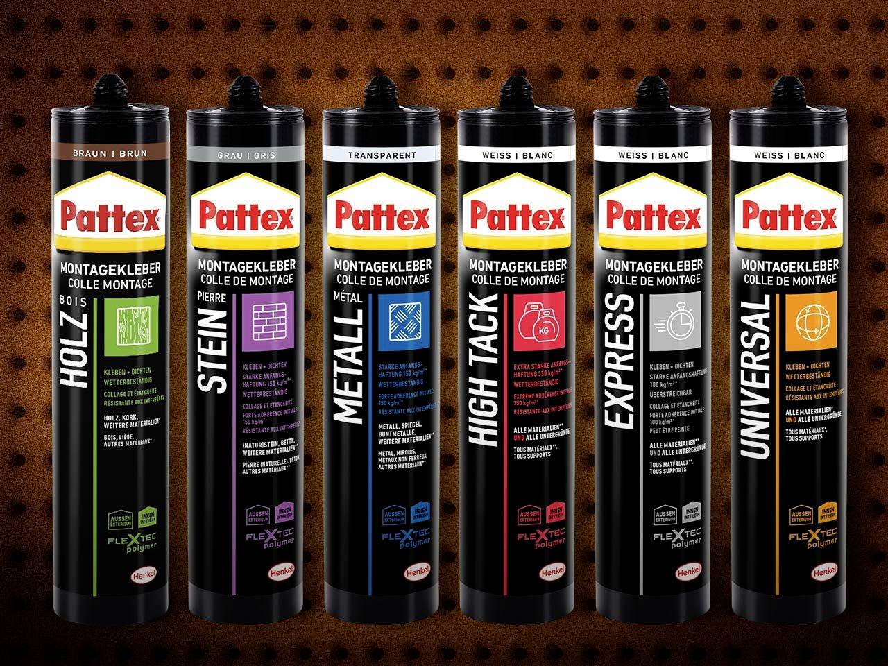 Six different Pattex mounting adhesive tubes side by side: Wood, Stone, Metal, High Tack, Express, Universal. Brown background.