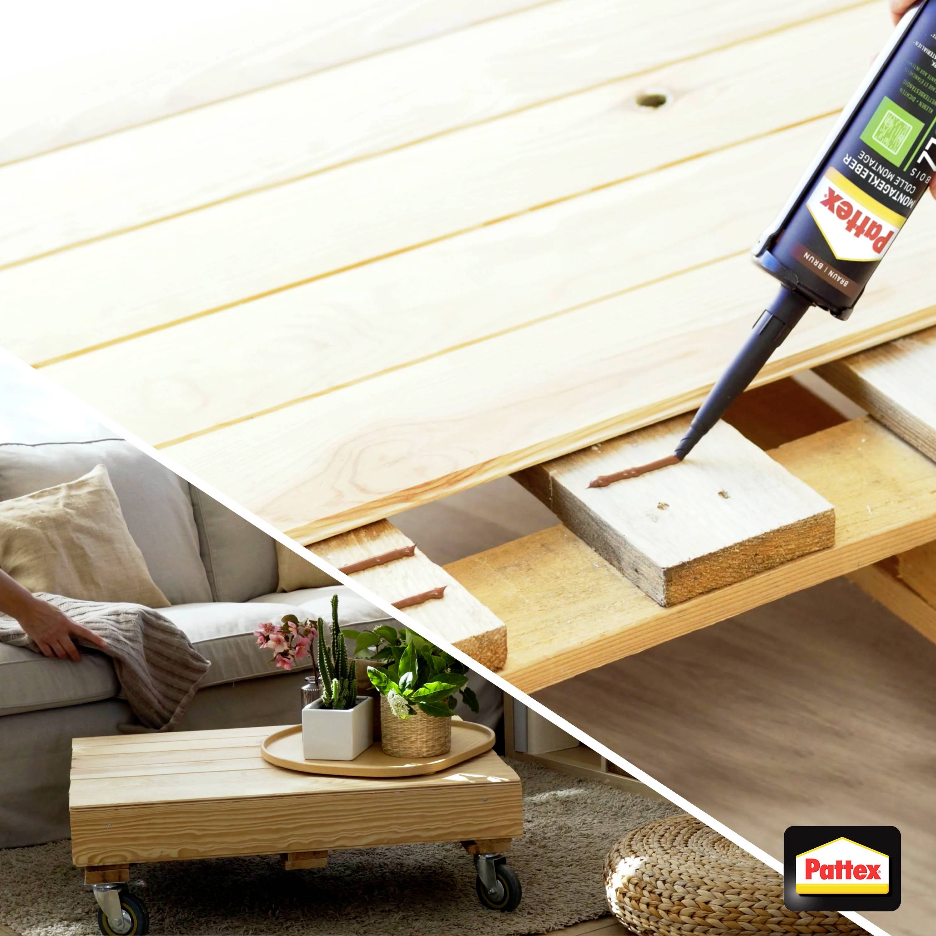 'A person is securing wooden pieces with Pattex adhesive to a tabletop to create a handmade coffee table. Brand logo located bottom right.'