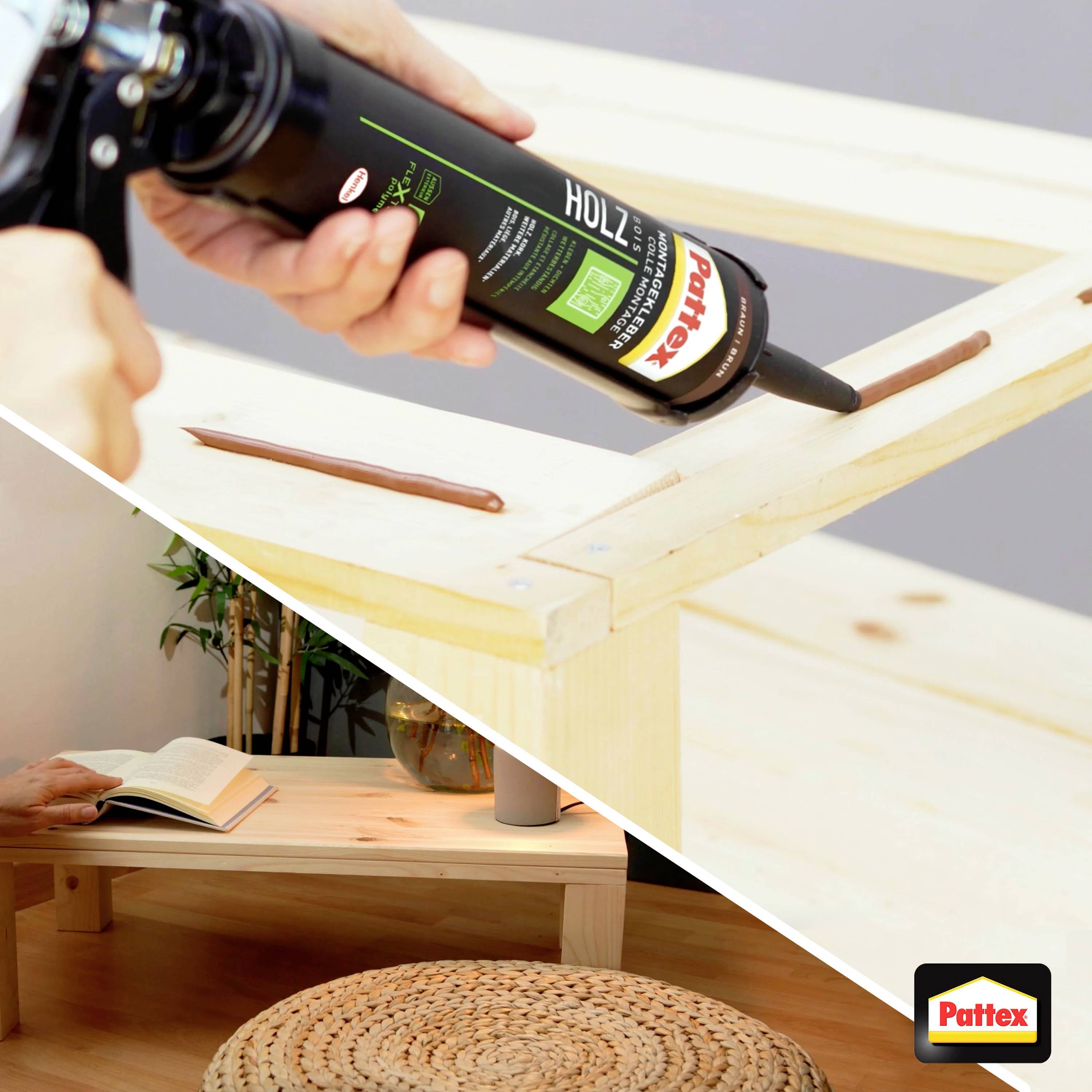 'A person is applying Pattex wood glue to a wooden board. Underneath, a shelf is being constructed. Pattex logo in the corner.'