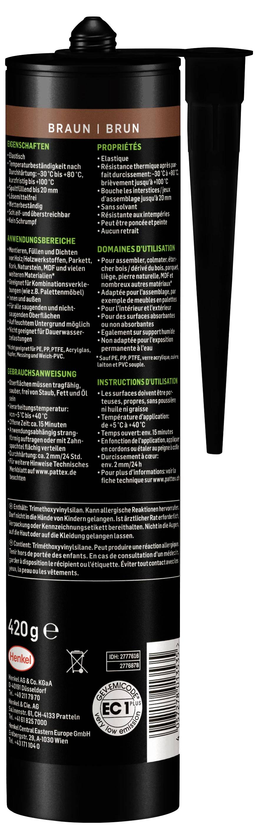 'Sealant cartridge in black with a brown cap. Contains product description, application instructions, and technical data in multiple languages.'