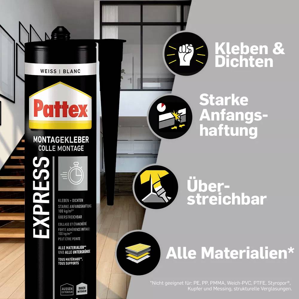 A Pattex mounting adhesive packaging next to graphics with the functions: 'Bonding & Sealing', 'Strong Adhesion', 'Paintable', 'All Materials'.