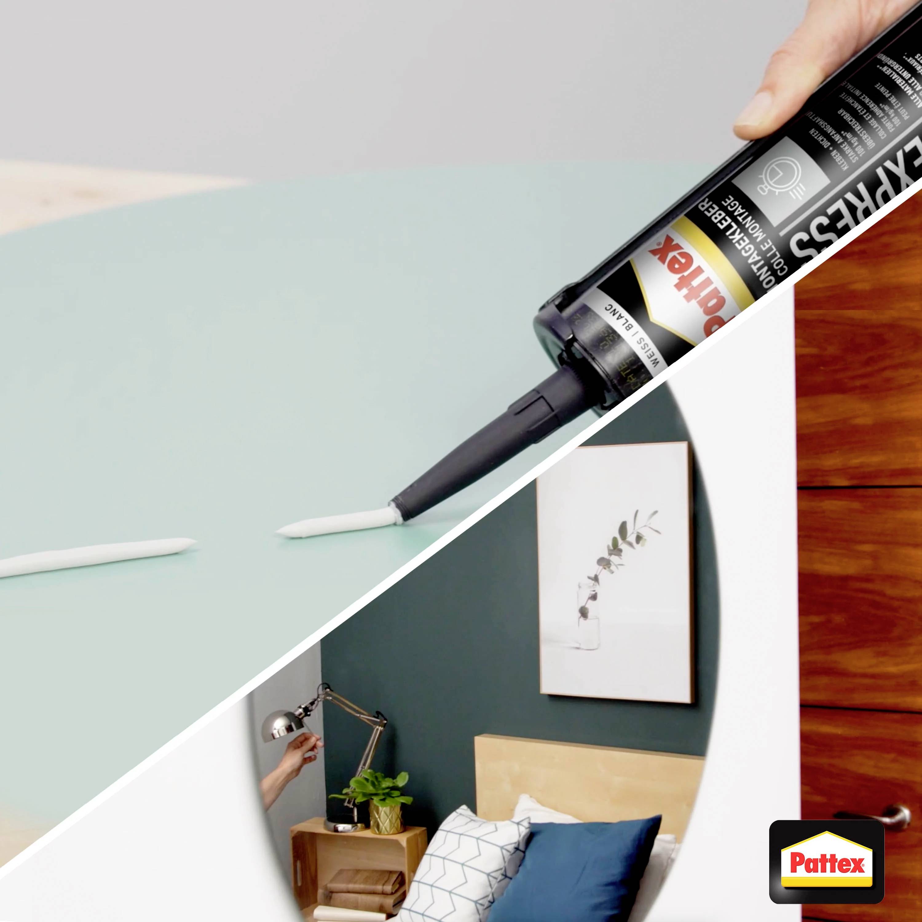 Pattex sealant is used to fill a gap in a room corner. A hand is holding the cartridge.