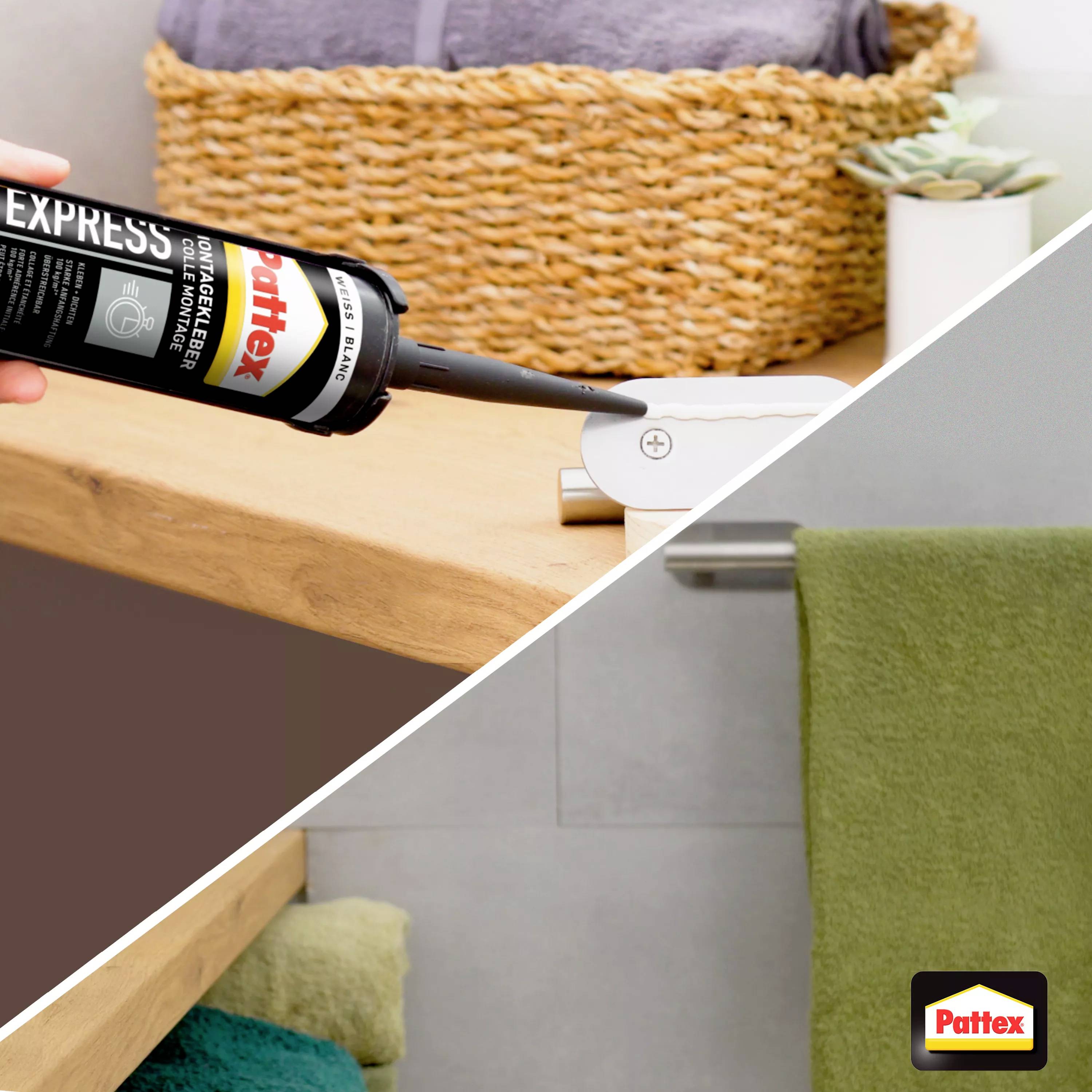 A hand applies sealant to the joint of a wash basin. In the background, a basket of towels and a plant can be seen.