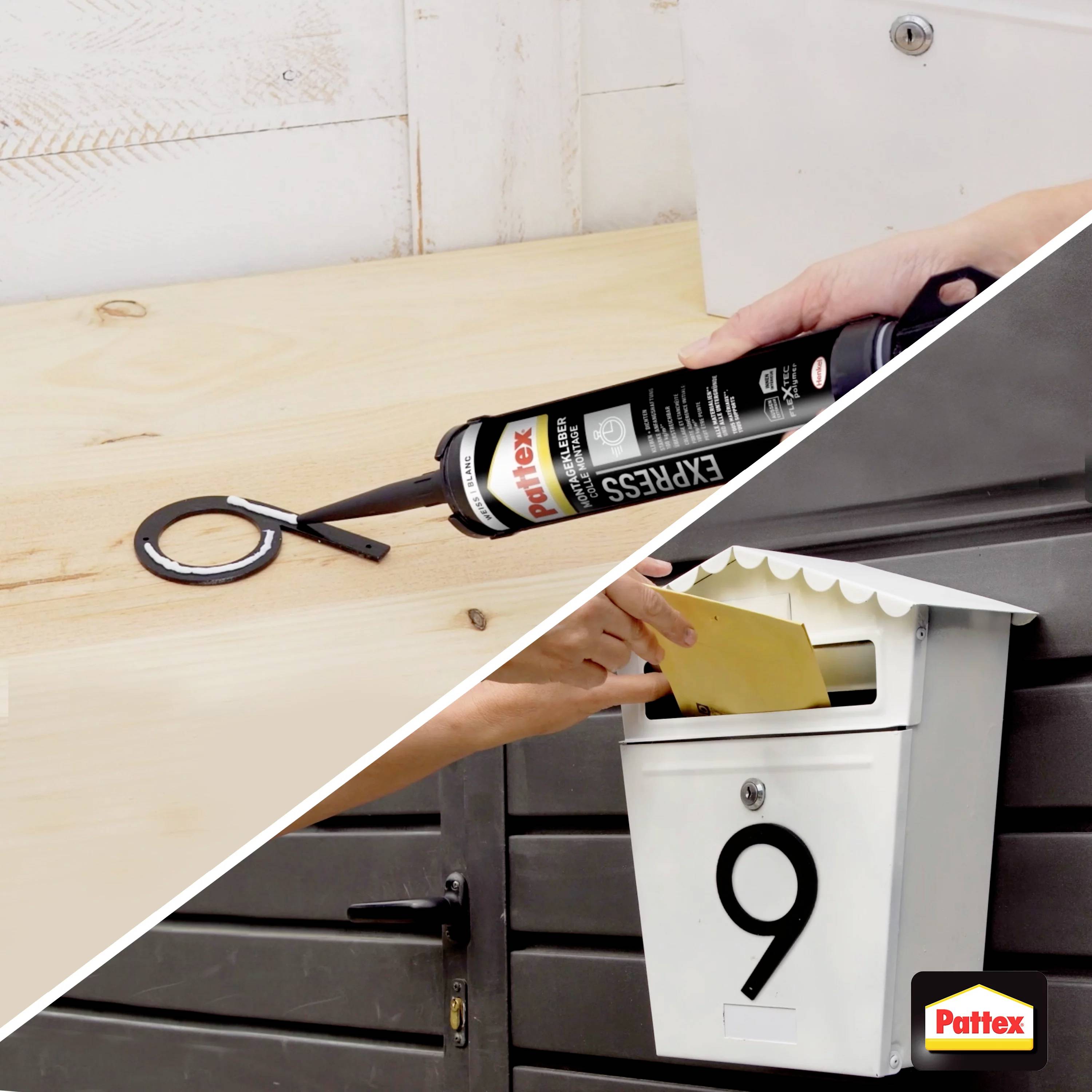 A person is using a glue gun to secure a postbox mounting on a wooden table. One hand is placing an envelope into a white letterbox numbered 9.