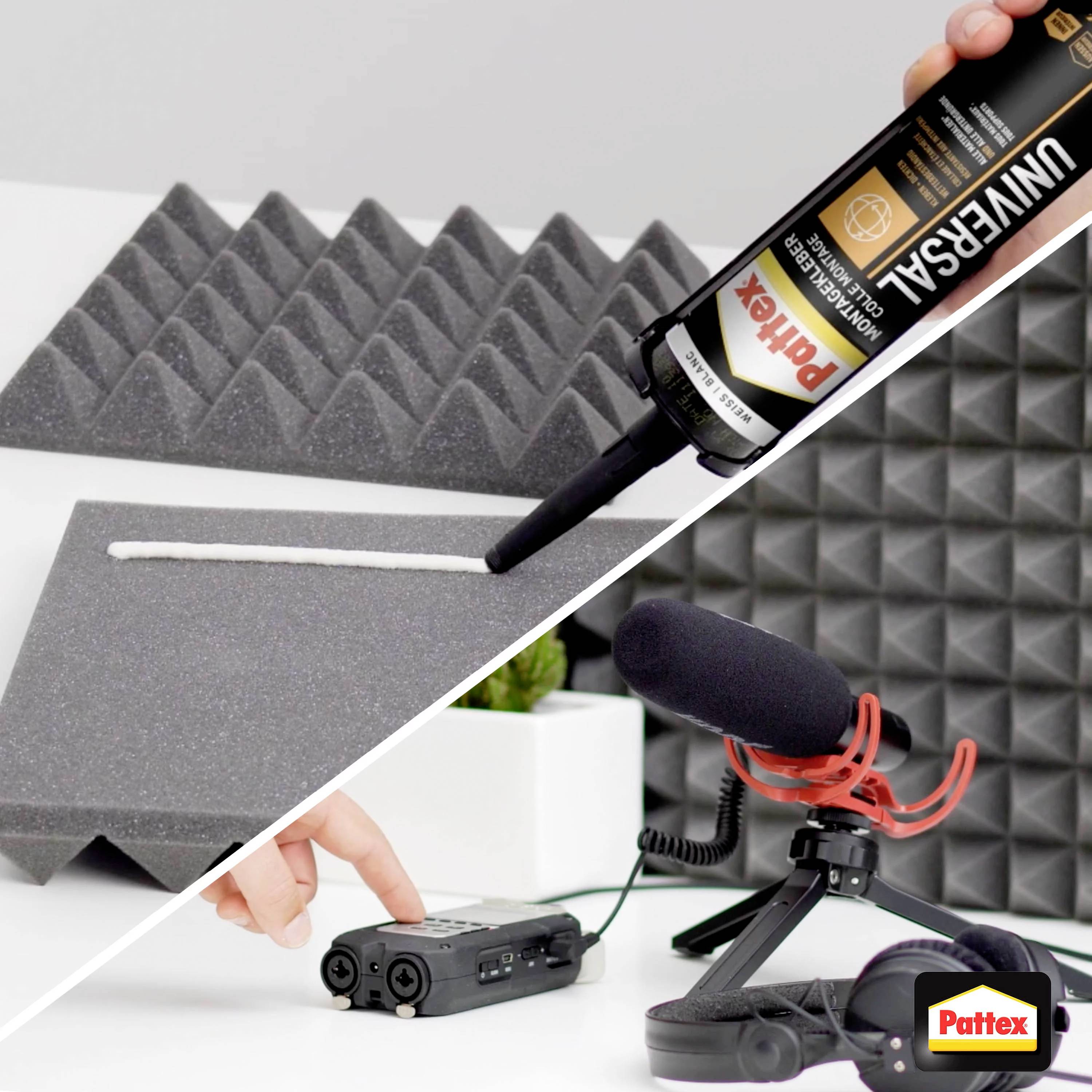A hand applies Pattex universal adhesive to a sound-absorbing panel. A microphone and recording device are positioned nearby.
