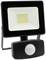 A LED floodlight with a motion sensor in a black housing. Ideal for automatic outdoor lighting.