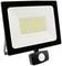 A LED floodlight with a motion sensor, suitable for outdoor lighting, displays numerous illuminating LEDs within a rectangular frame.