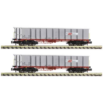 Two model freight wagons in grey with 'Rail Cargo Austria' logo, positioned on a railway track, showcasing details for model railway layouts.