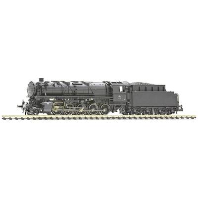 A detailed model steam locomotive on a track. It is finished in black and displays complex technical elements.