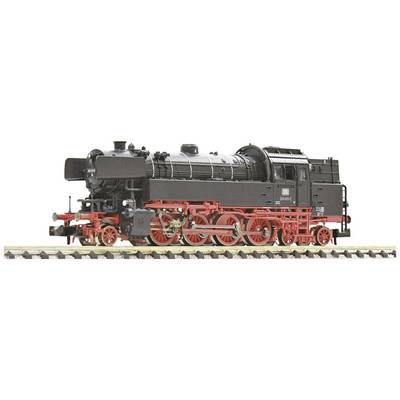 A detailed model of a black steam locomotive with red wheels on tracks, depicting engineering and historical vehicles.