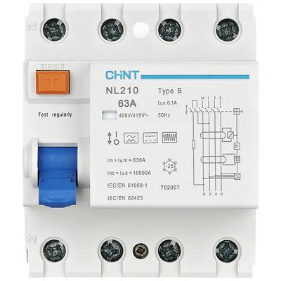 Electric protective switch 'Chint NL210', Type B, 63A, 400V/415V, with test button and technical specifications printed.