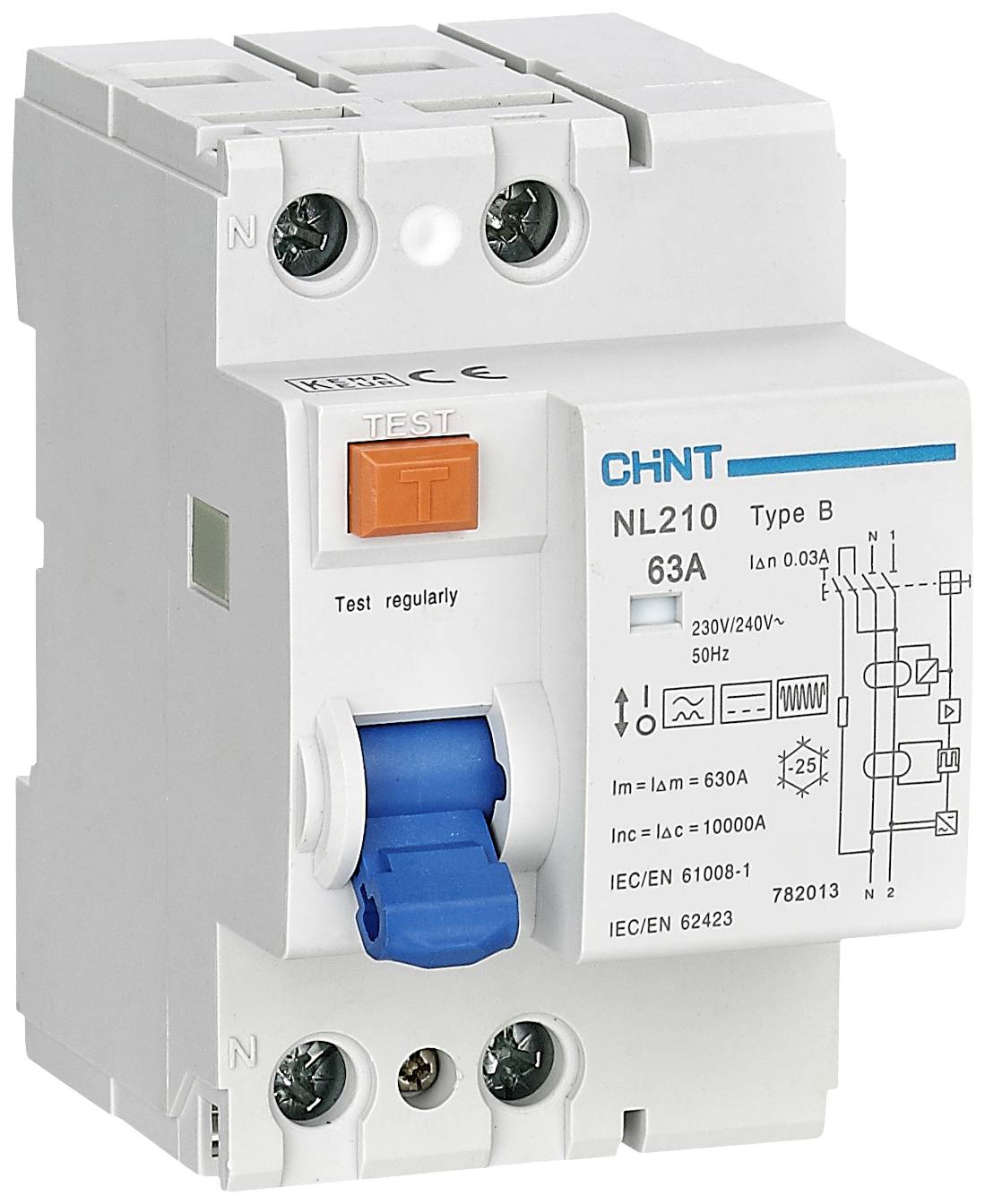'Circuit breaker by Chint, Model NL210, 63A, Type B, with test button. Suitable for 230/240V, 50Hz. Test and operating instructions illustrated.'