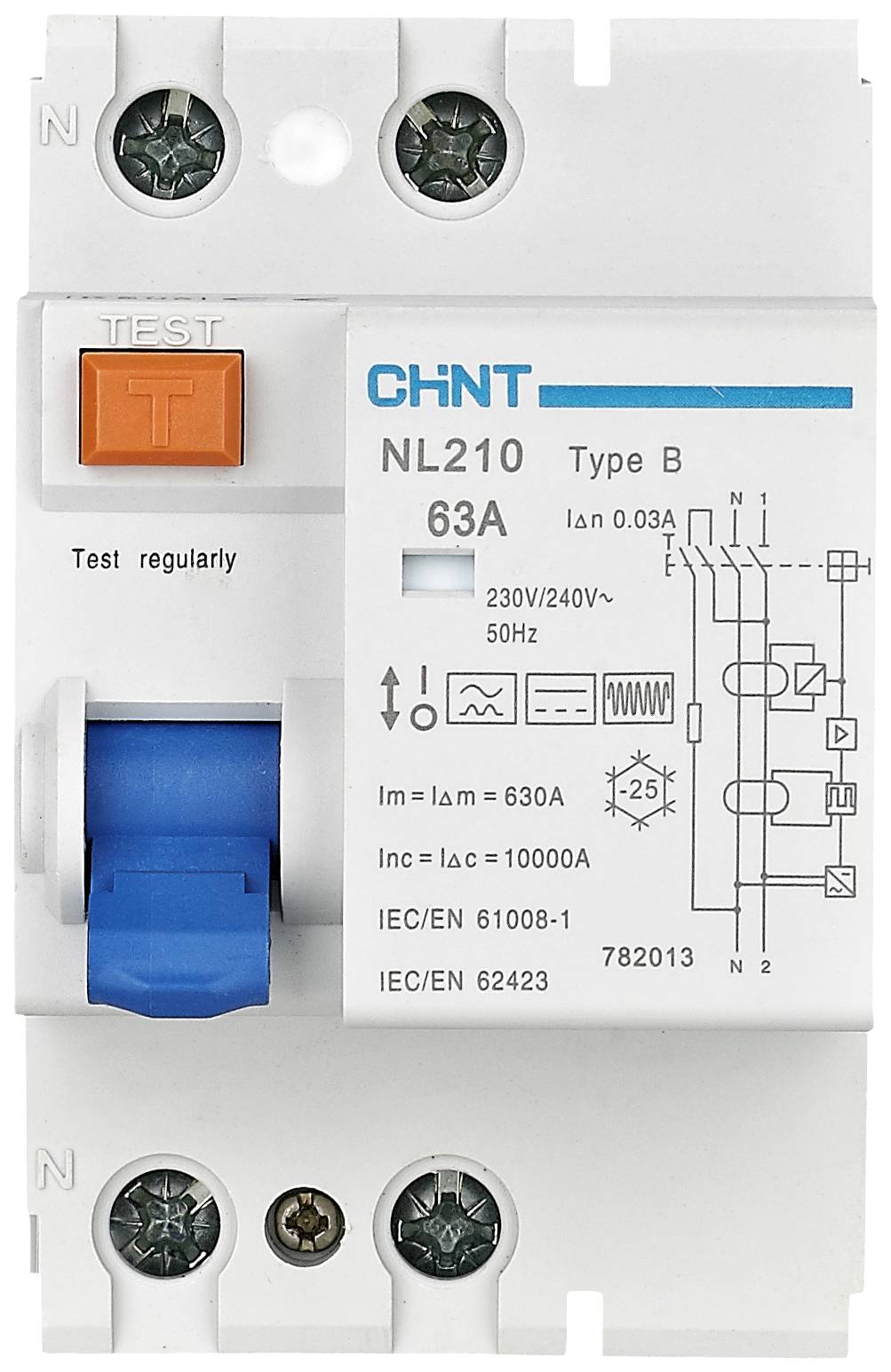 A Chint brand residual current circuit breaker (RCD), Model NL210, Type B, 63A, 230V/240V, 50Hz, with test button and circuit diagram on the front.