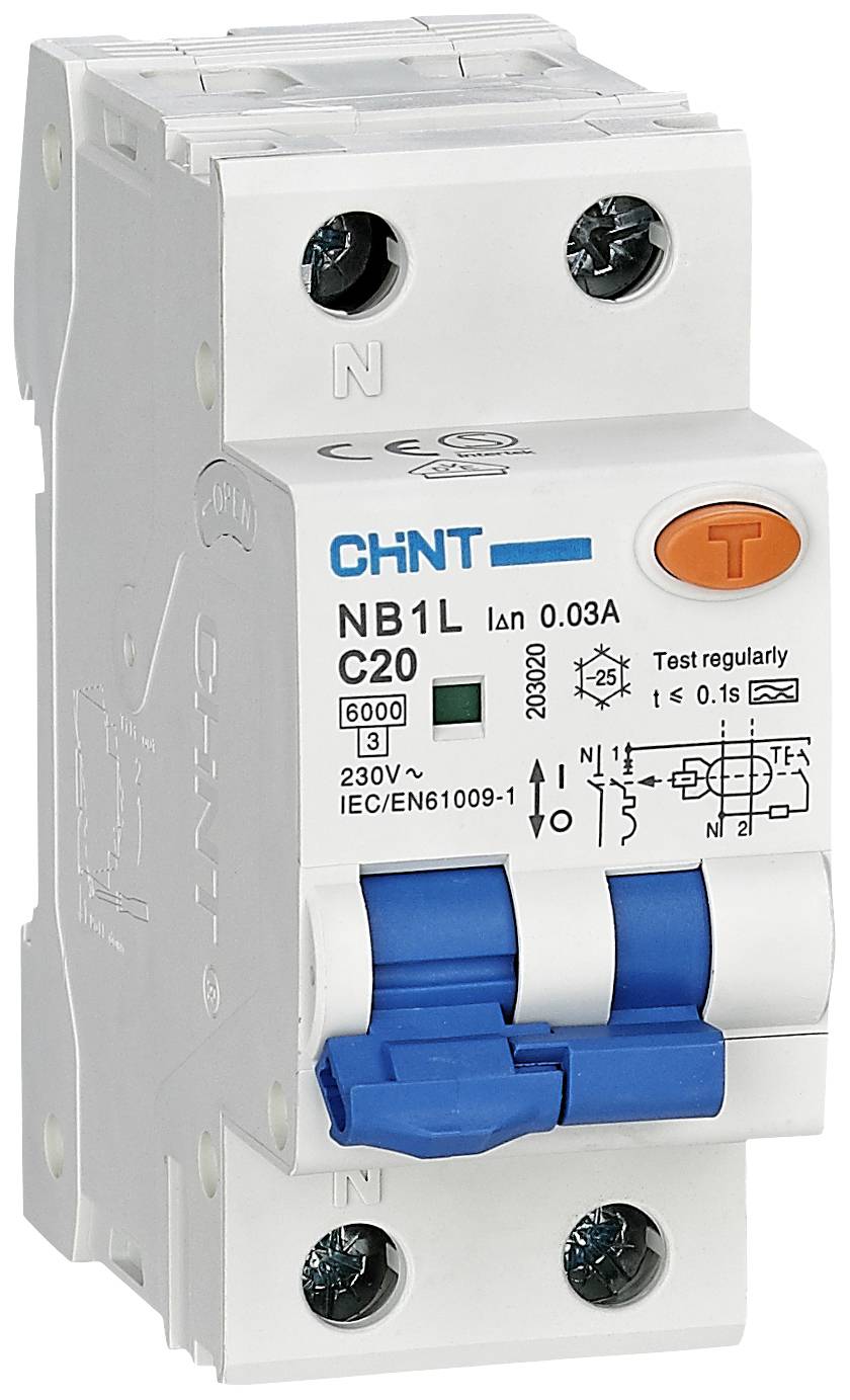 A two-pole RCD-MCB switch with blue levers and marking 'NB1L'. Voltage of 230V, current rating of 20A, trip current of 0.03A.