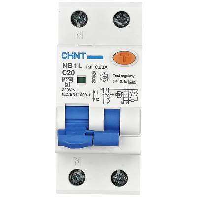 A CHINT residual current circuit breaker (RCD), Model NB1L, 20A, 0.03A tripping current. Marking: 'Test regularly'.