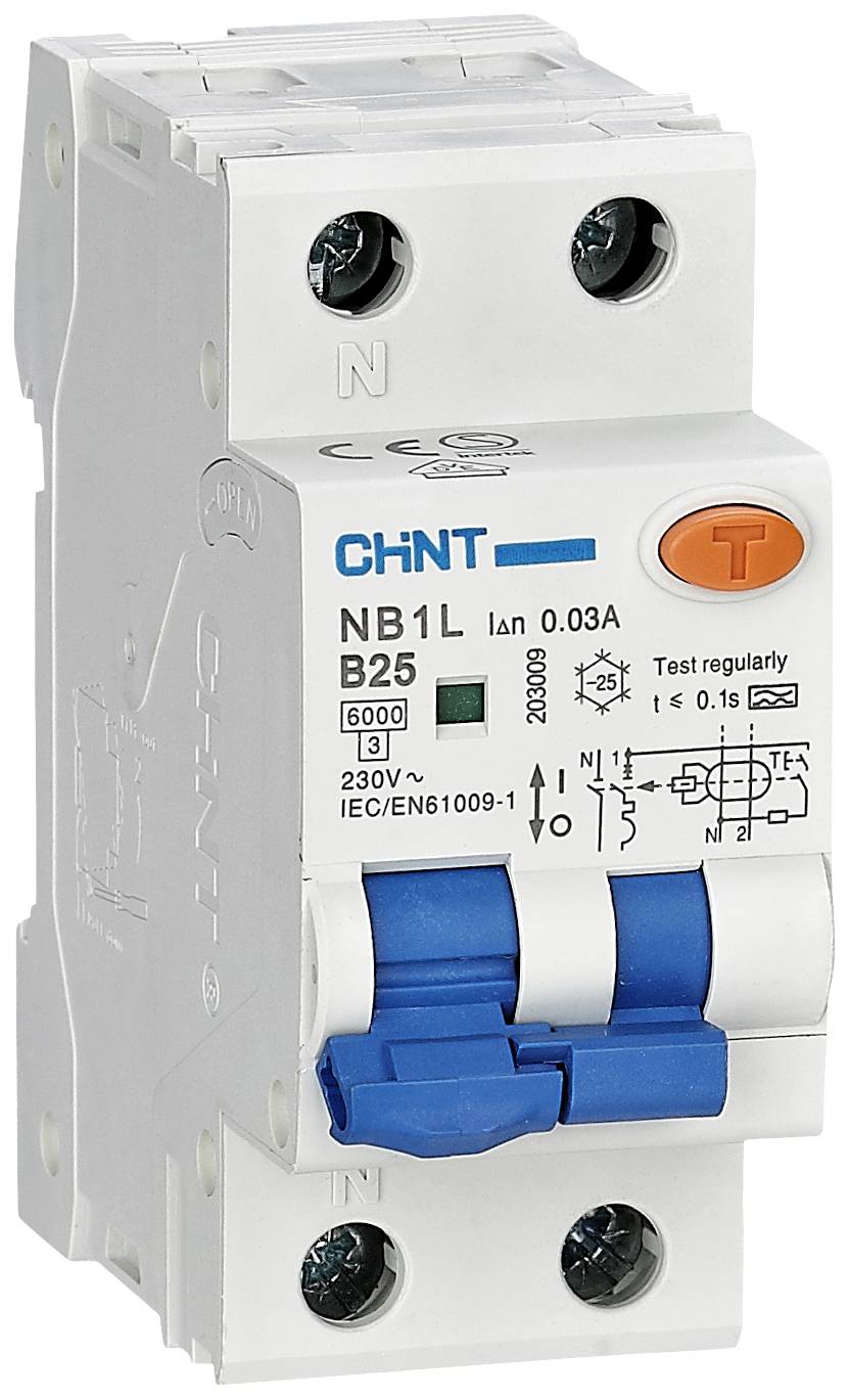 A circuit breaker with a blue and orange button, labelled 'NB1L B25' with technical specifications on the front.