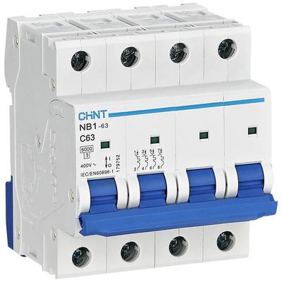 A Chint electrical circuit breaker, model NB1-63, suitable for 400V, 63A. Displays three switches and technical symbols.