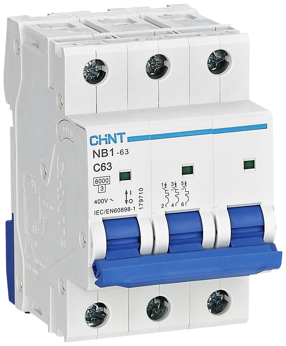 A white three-pole circuit breaker with blue toggle switches, model 'NB1-63 C63', with technical specifications printed on it.