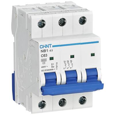 A white three-pole circuit breaker with blue toggle switches, model 'NB1-63 C63', with technical specifications printed on it.