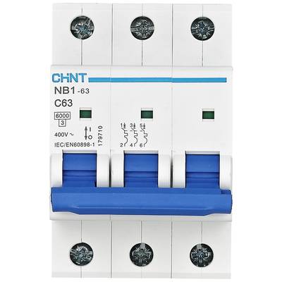 A blue three-pole circuit breaker by Chint, model NB1-63, is suitable for 400V installations, certified to IEC/EN60898.