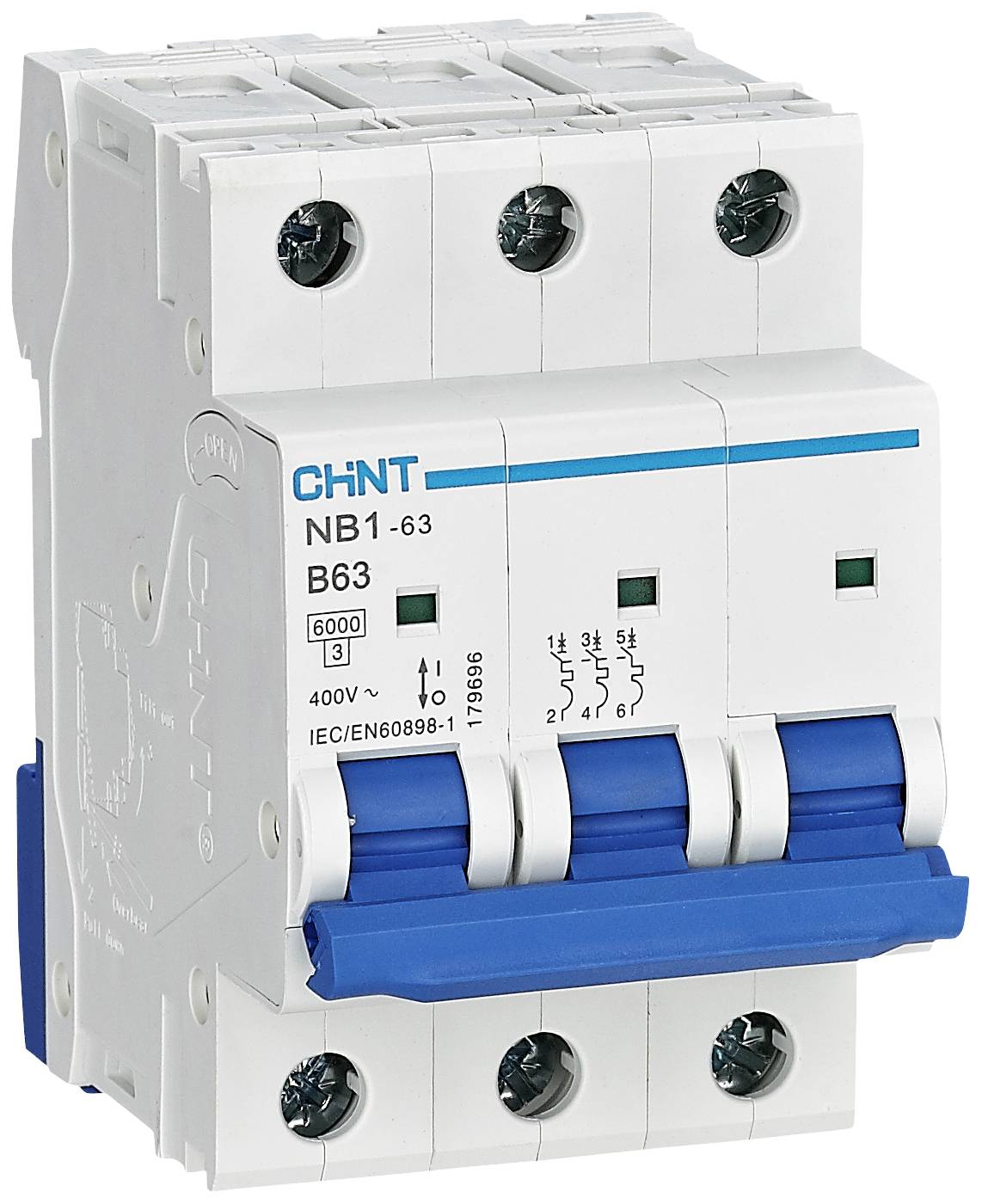 A three-pole circuit breaker by Chint, model NB1-63, with blue levers and white markings such as 'B63' and '6000'.