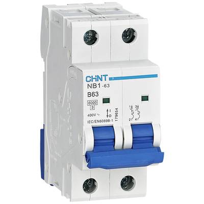 A three-pole performance protection switch by Chint, model NB1-63, with a current rating of 63 A for 400 V AC.