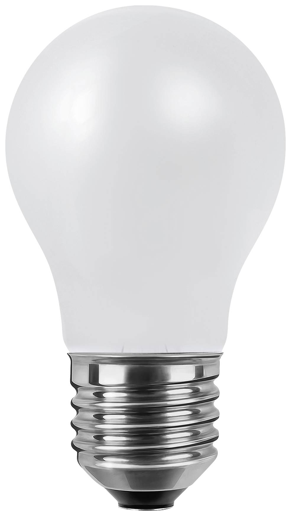 A light bulb with a silver fitting against a white background.