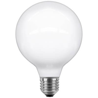 A large, round light bulb with white glass and a silver fitting.