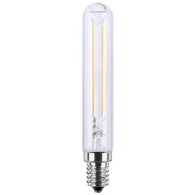 A single, elongated LED light bulb with a visible filament and silver base, against a neutral background.