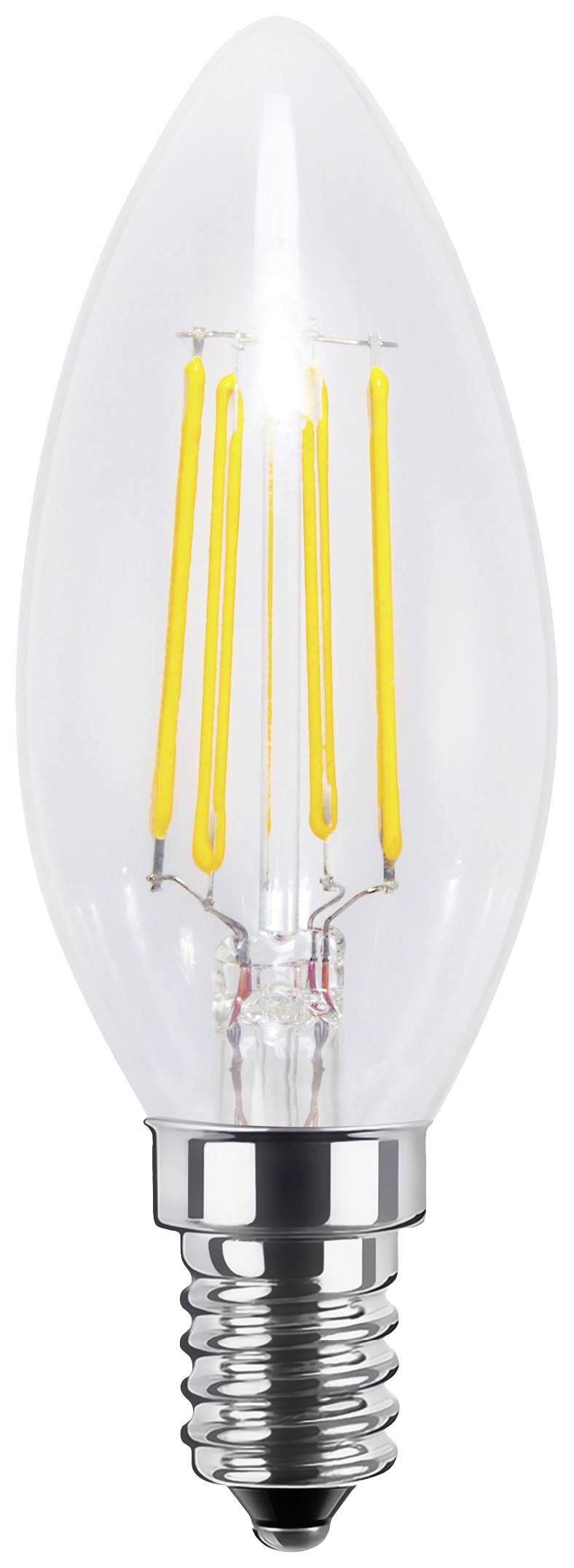 LED candle-shaped light bulb with LED filaments and E14 bayonet cap, switched on.