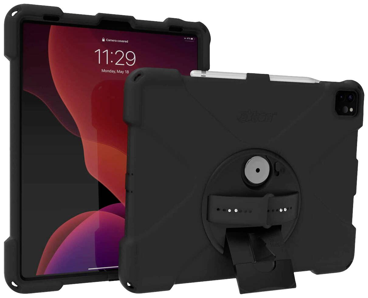 A tablet in a black protective case with a stand. The display shows the time 11:29 and the date Monday, 18 May.