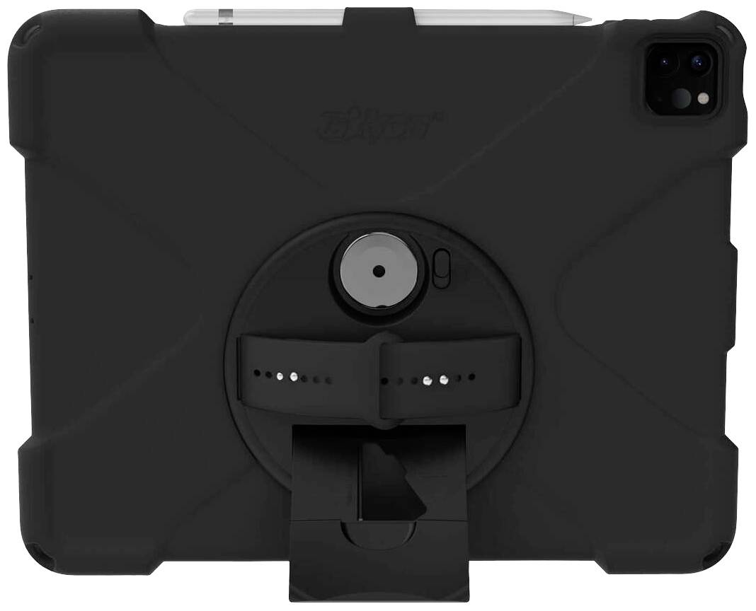 Black tablet case with rotatable handle and stand, stylus holder on top, rear view.