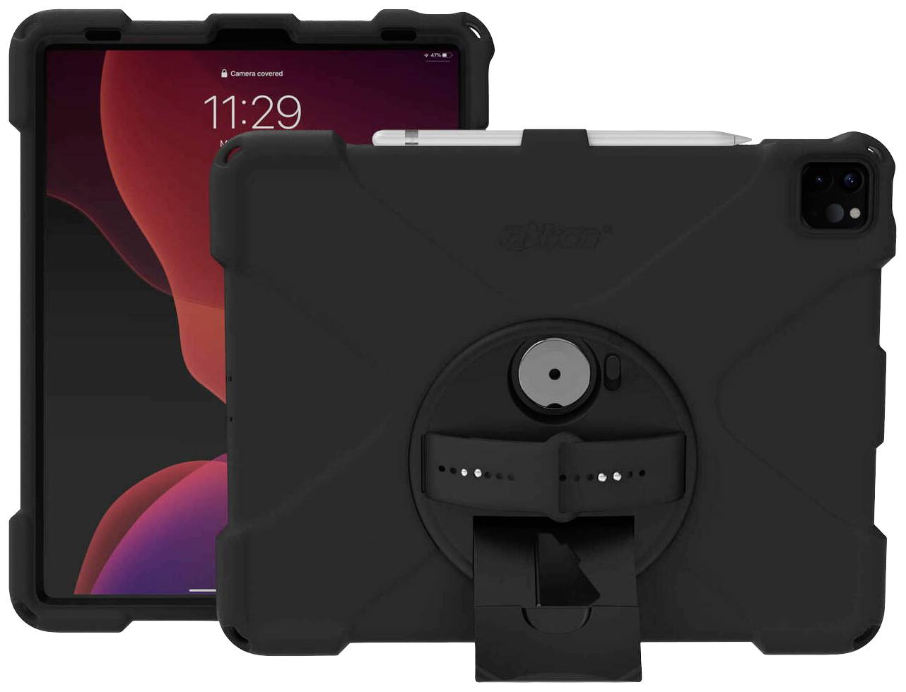 A tablet in a black, robust case with a stand is shown. Time on the screen: 11:29.