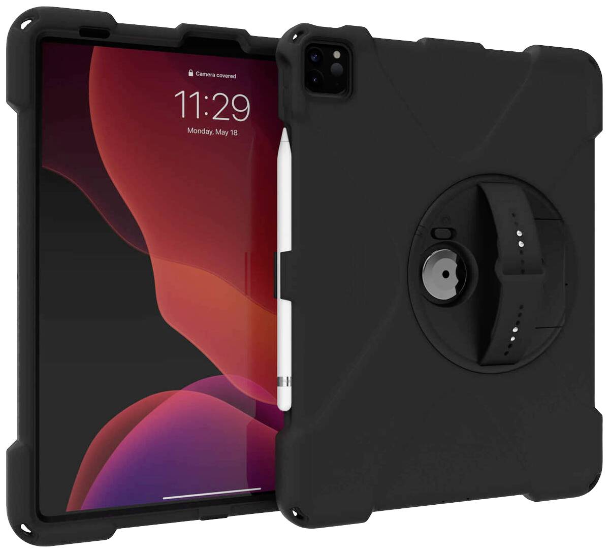 Black protective case for tablet with integrated stand and stylus holder, ideal for secure use in various environments.