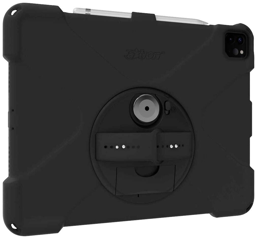 A tablet in a robust black protective case with a stand and a holder for a stylus.