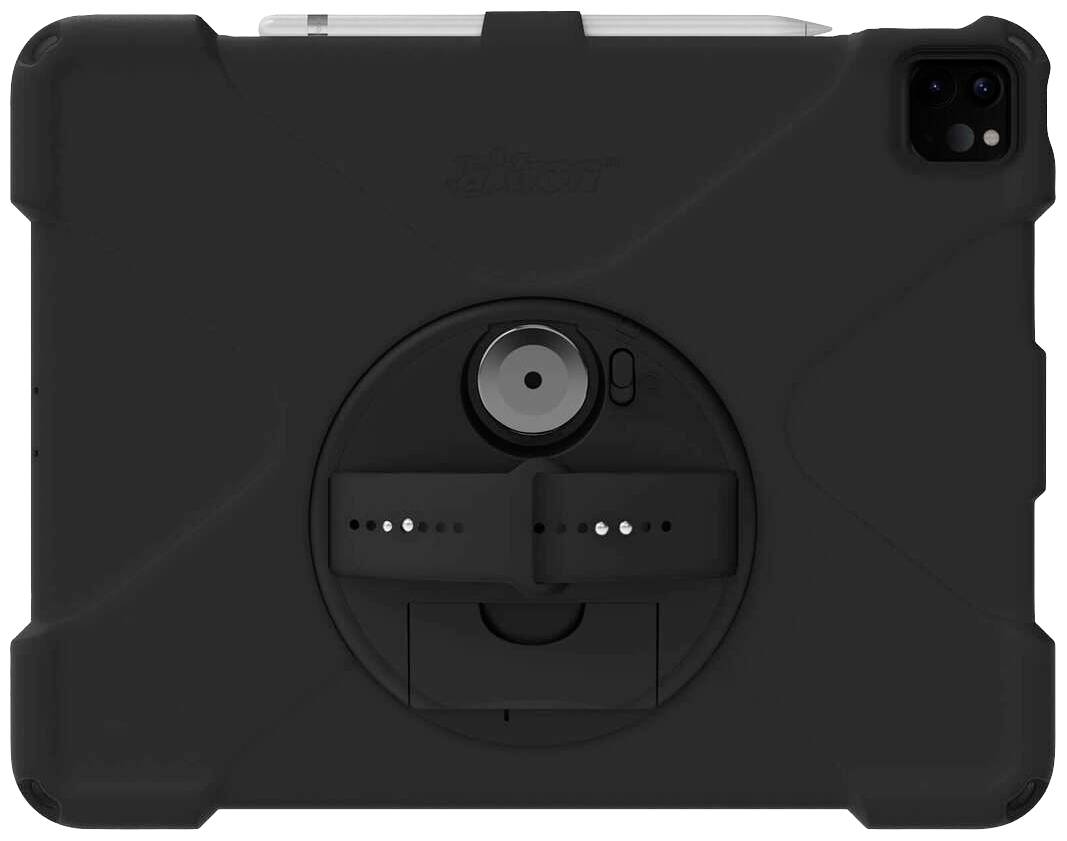 A black tablet case with a circular, rotatable handle and integrated stylus. Square cutout for the camera.