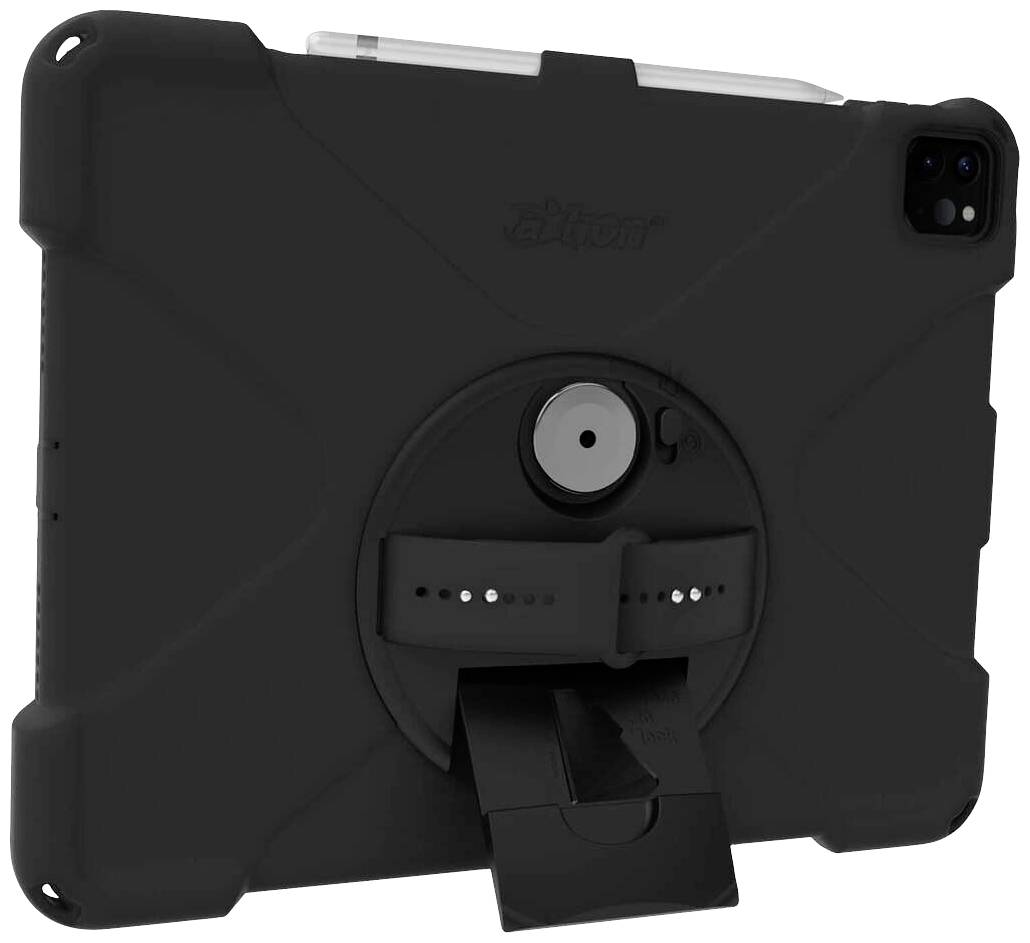 A robust black tablet case with integrated stand and mounting. Camera cutout and holder for a stylus visible.