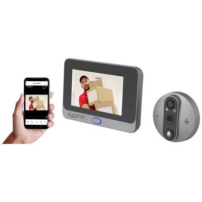 The owner of a smartphone is monitoring the front door via video. A screen displays a person with parcels. Next to it is a doorbell camera.