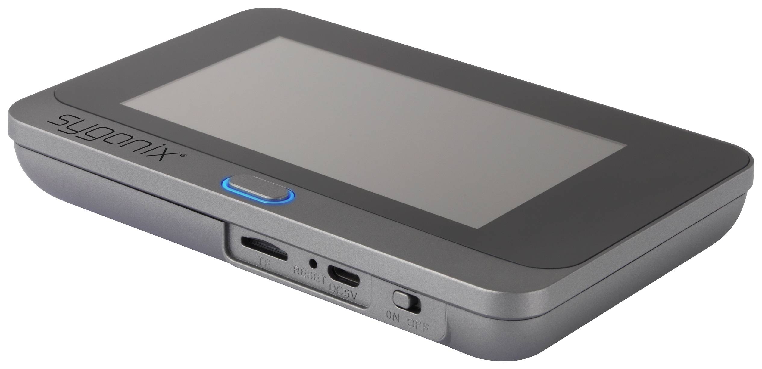 Portable device with a screen and multiple ports on the side.