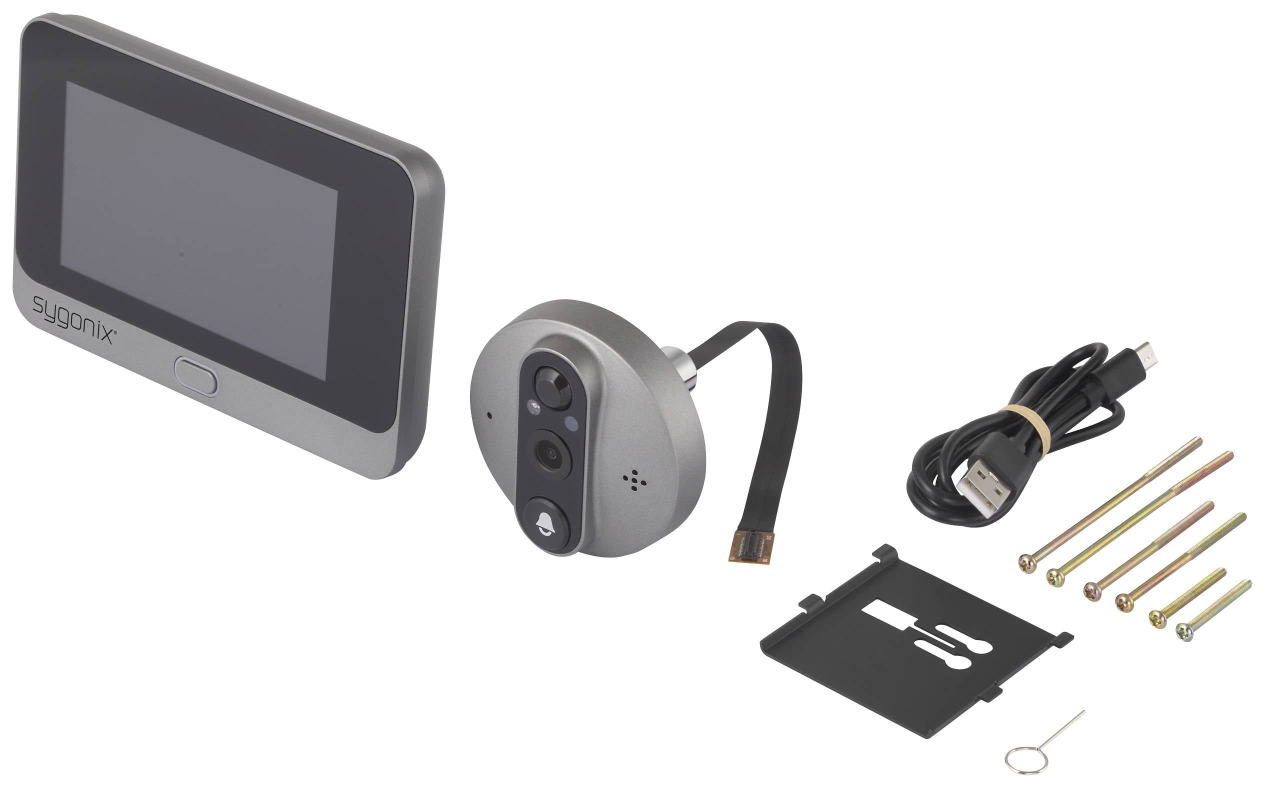 Digital Door Viewer Camera with Display, Camera, Connection Cable, Mounting Hardware and User Manual. Used for door surveillance purposes.