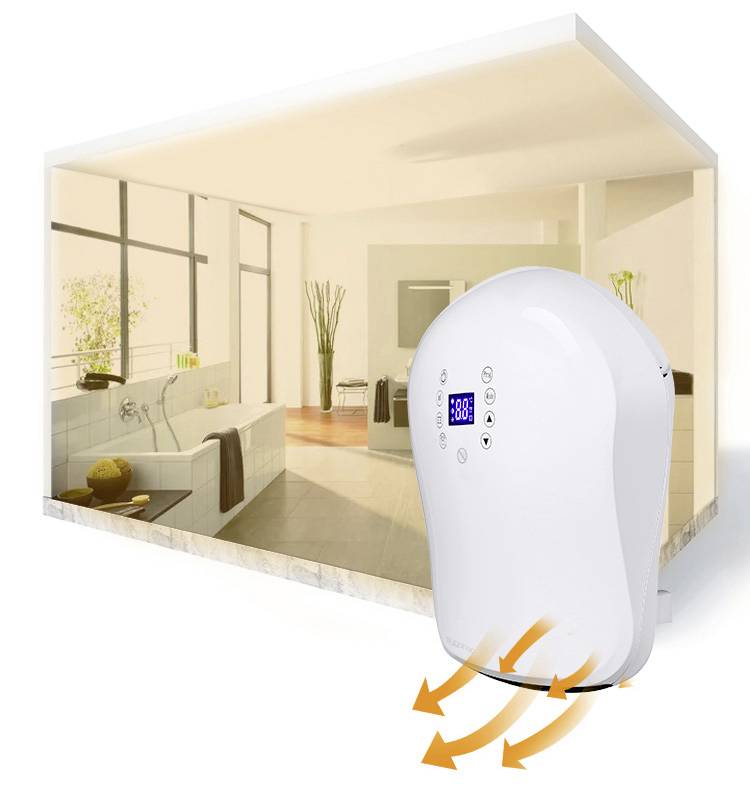 An air purifier with a digital display shows the air quality in a bathroom. Arrows below indicate the air flow.
