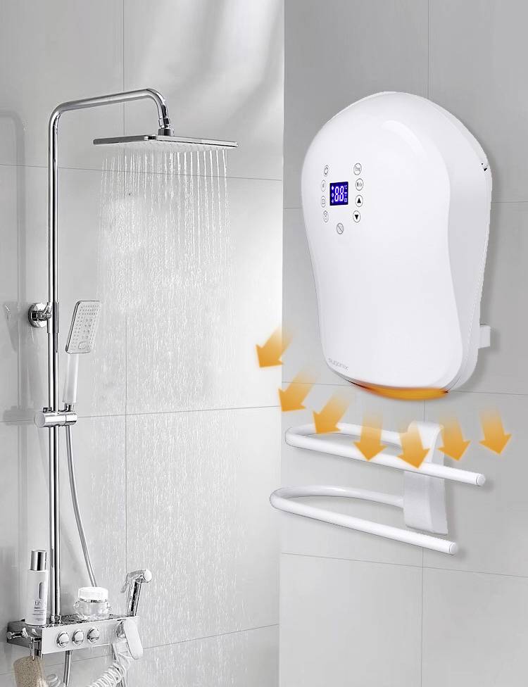 Electric water heater next to a running shower; device displays temperature of 38°C, with directional arrows pointing downwards.