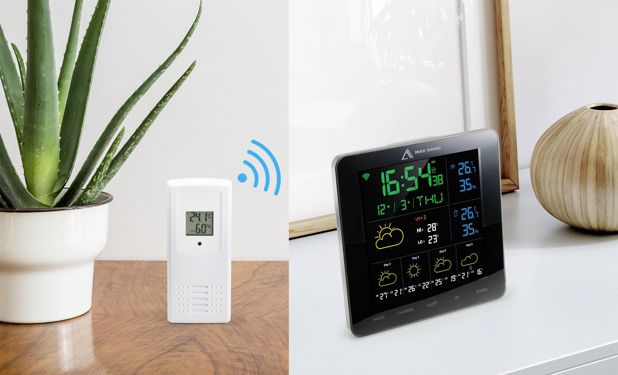 A temperature and humidity sensor shows 24°C and 60%, while a weather station displays time, date, temperature, and weather forecast.