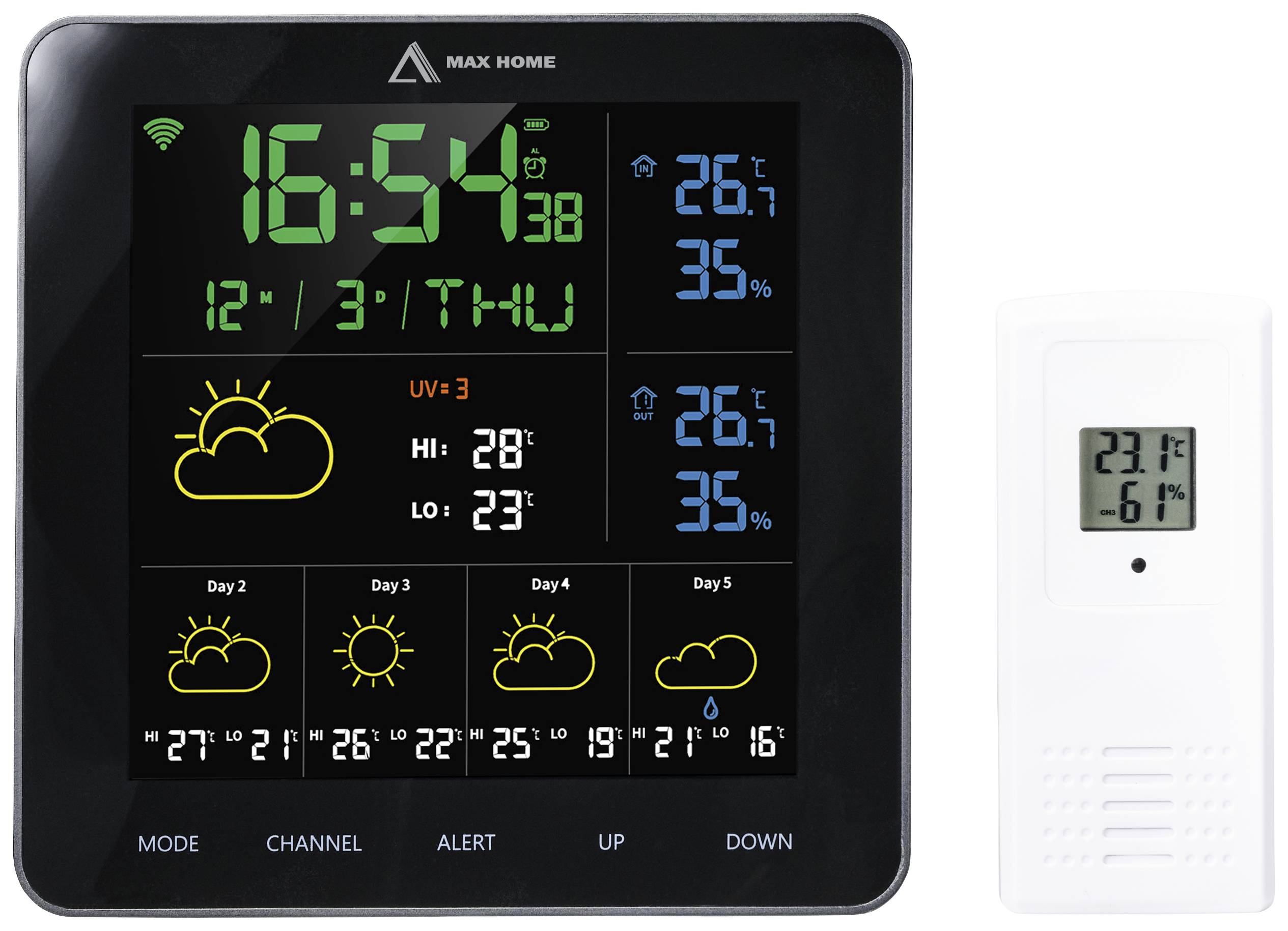 A black display shows the time as 16:54, the date, and the weather with symbols for sun and clouds. Next to it is a temperature sensor.