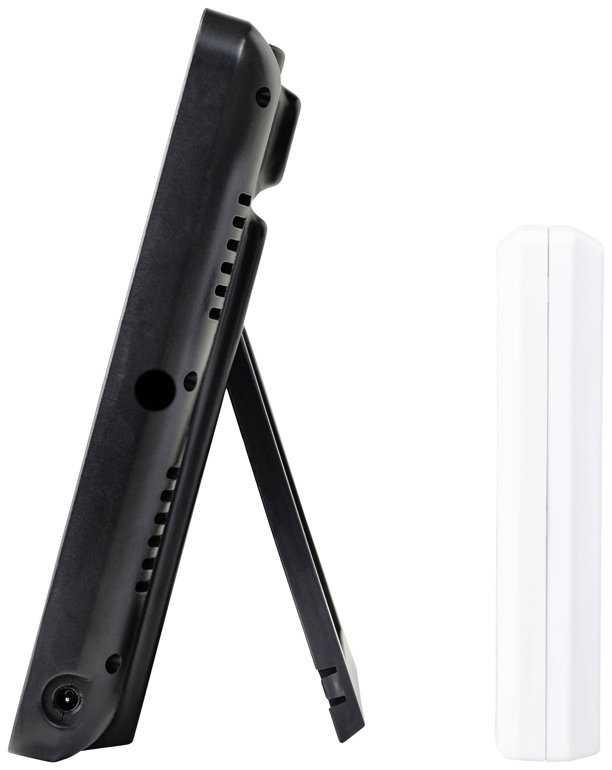 'Two devices in profile view: On the left, a black device with a stand, on the right a white slender device. Both are positioned vertically.'