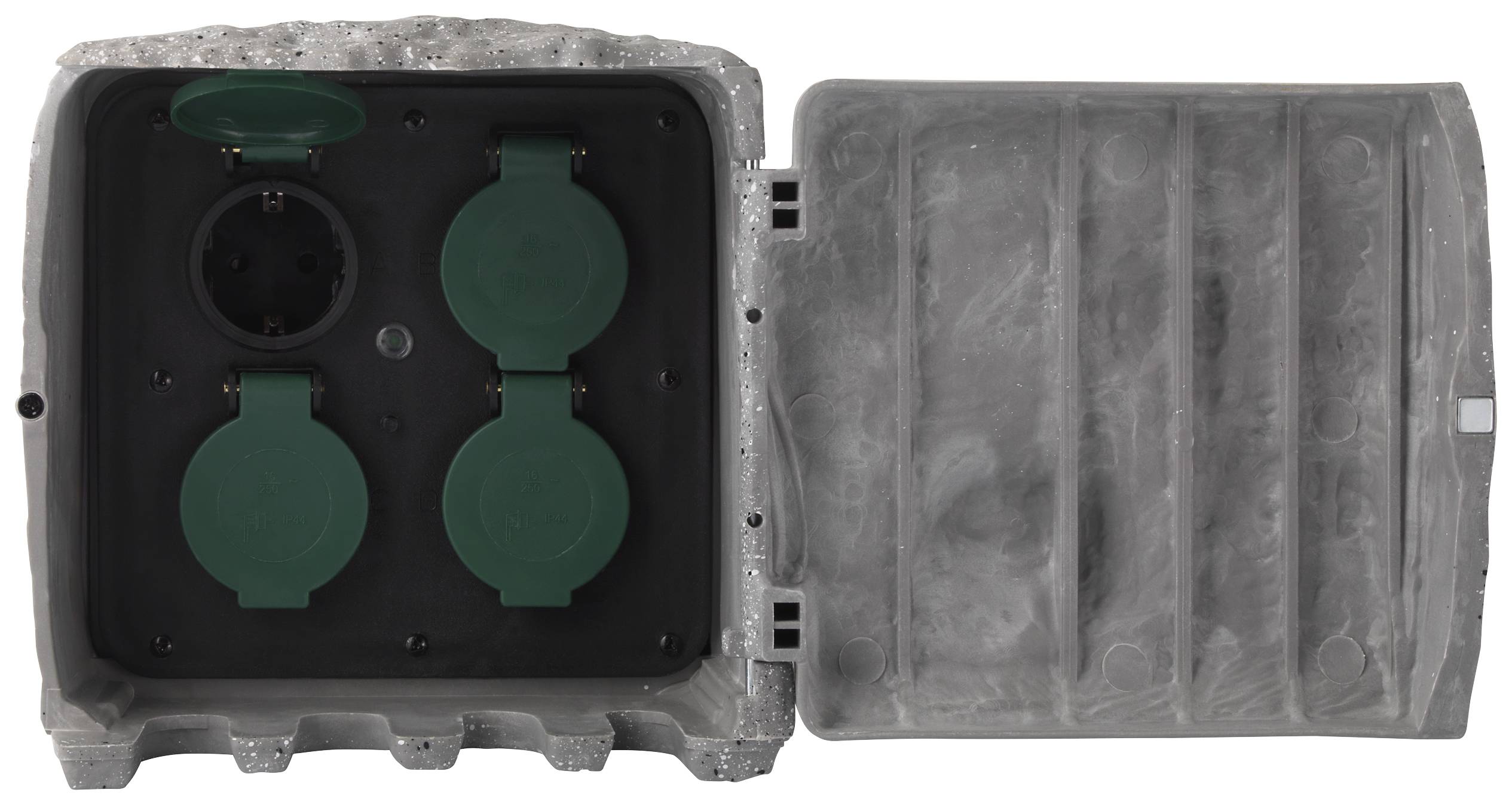 Stone-like cover with an open lid, revealing two power sockets with green covers underneath. Suitable for outdoor areas.