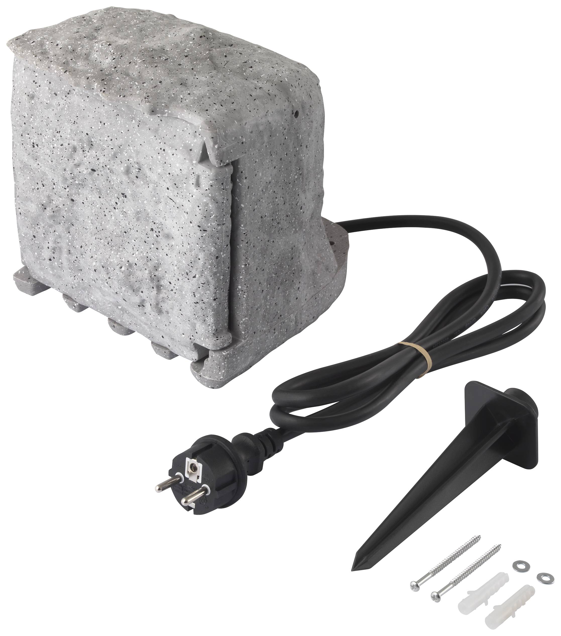 Grey socket tower in stone effect with cable and plug, including ground stake, screws and wall plugs for installation.